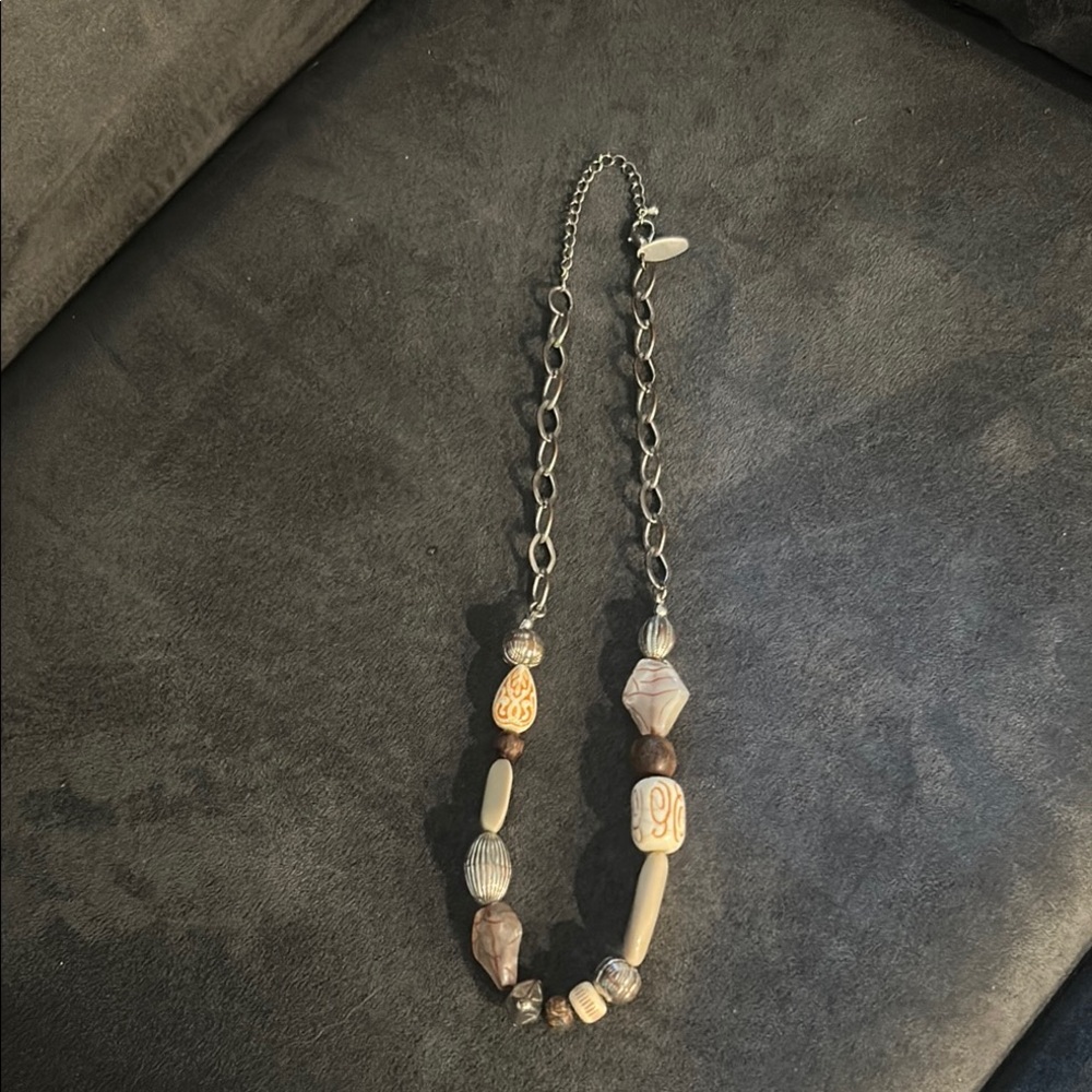 Tan and Brown Beaded Necklace with Silver Chain
